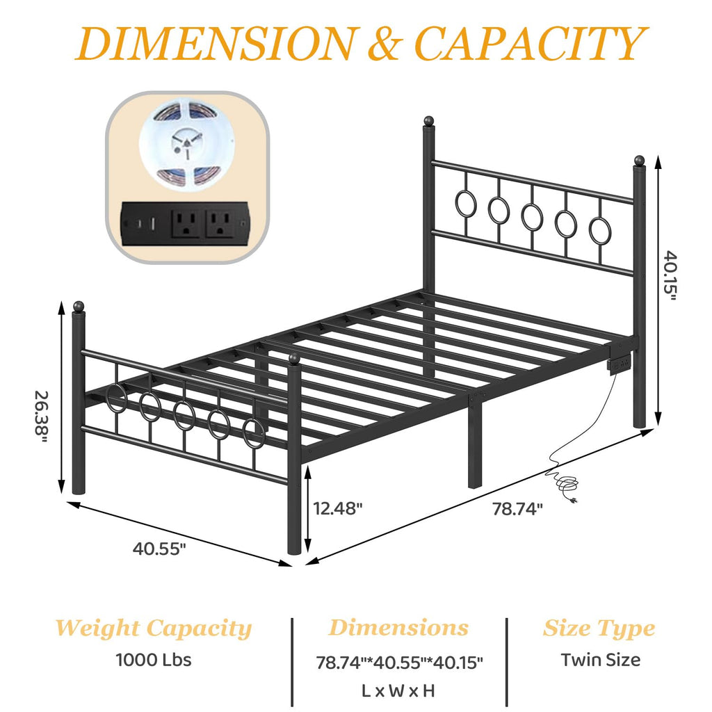 Black Twin Metal Platform Bed Frame with Headboard H57624
