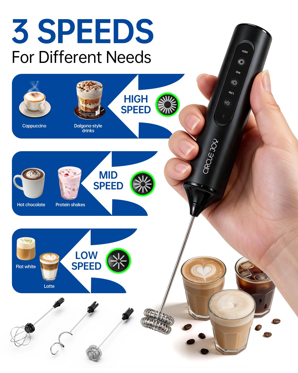 Rechargeable Handheld Milk Frother Wand with 3 Whisks and Storage Box V8953