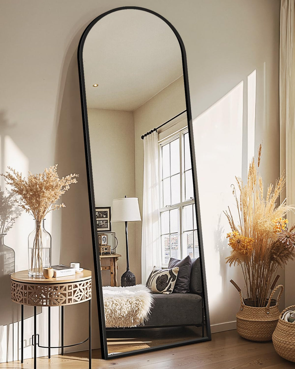 Arched Full Length Black Floor Mirror with Stand D6483