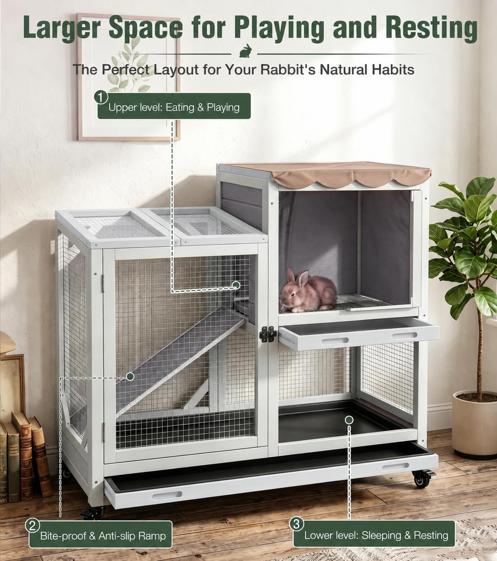 Wooden Rabbit Cage on Wheels with Ramp W4910
