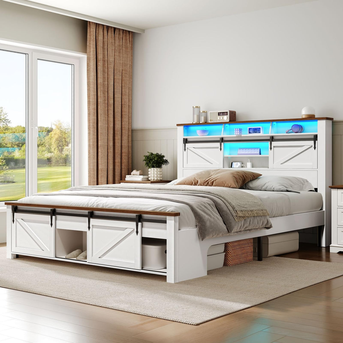 White and Walnut Full Size Storage Bed Frame D119