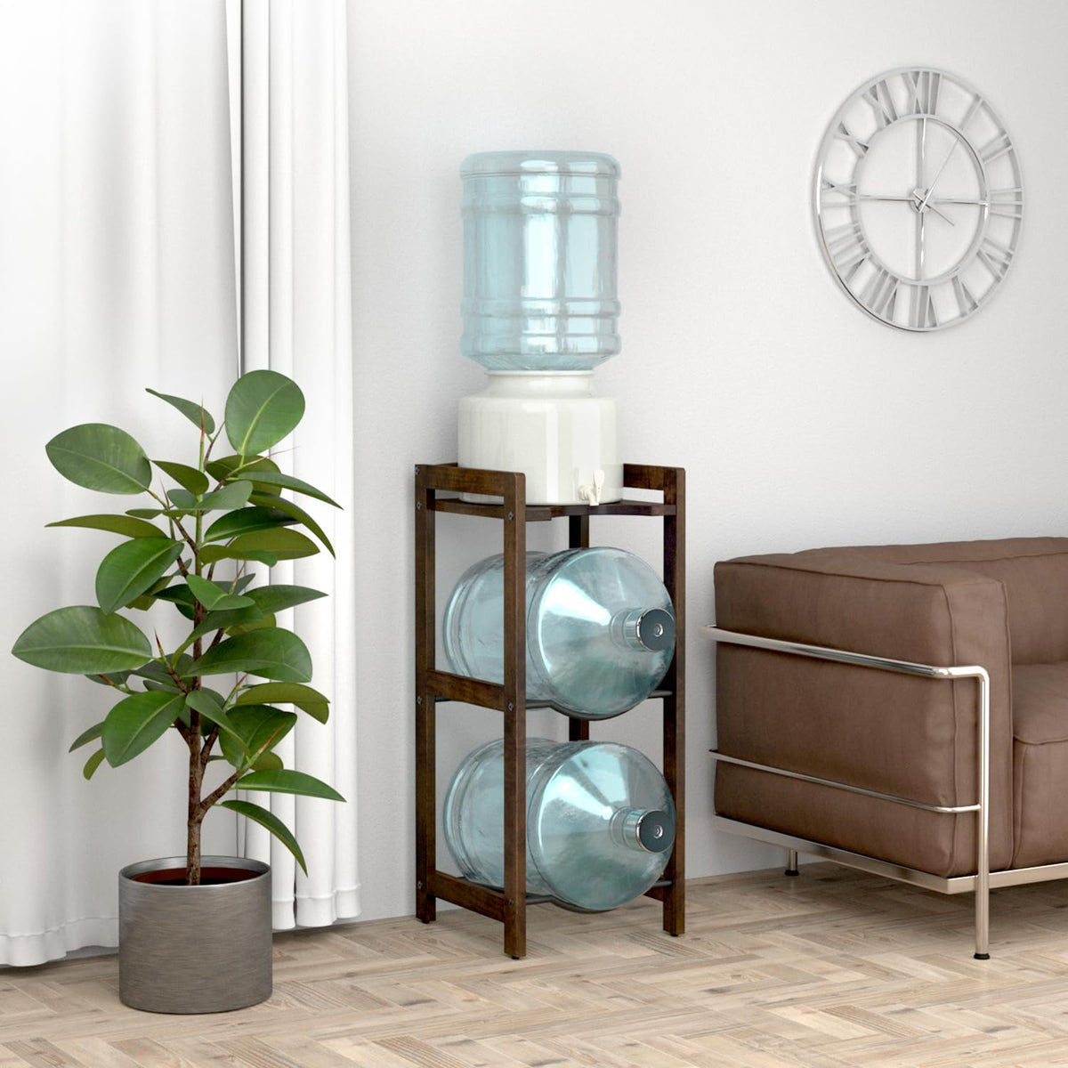 5 Gallon Water Jug Holder with Top Shelves, 3-Tiers Solid Wood Water Dispenser Stand G503461