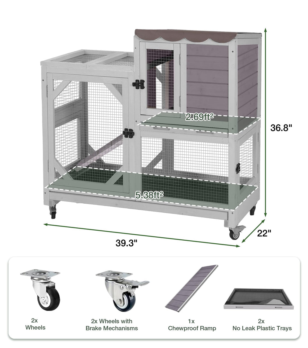 Wooden Rabbit Cage on Wheels with Ramp W4910