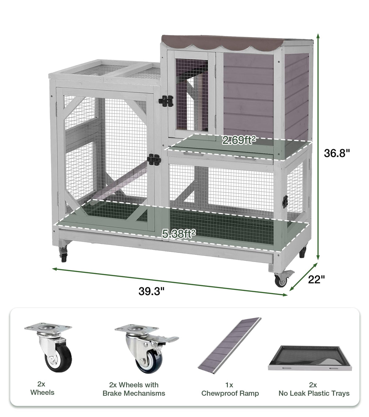 Wooden Rabbit Cage on Wheels with Ramp W4910