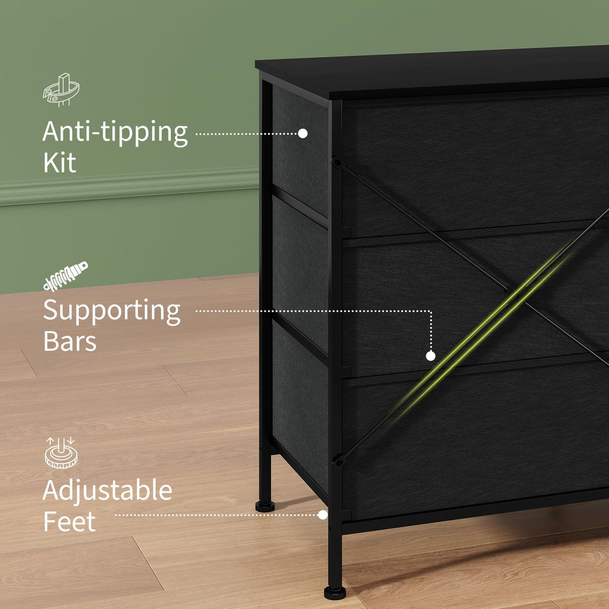Black 8 Drawer TV Stand Dresser with Steel Frame H98567