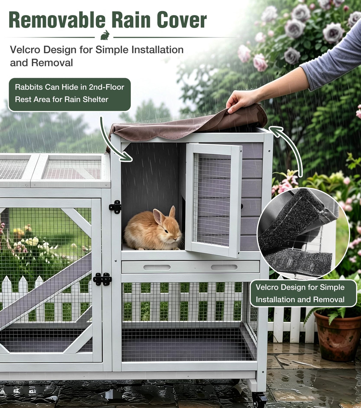 Wooden Rabbit Cage on Wheels with Ramp W4910