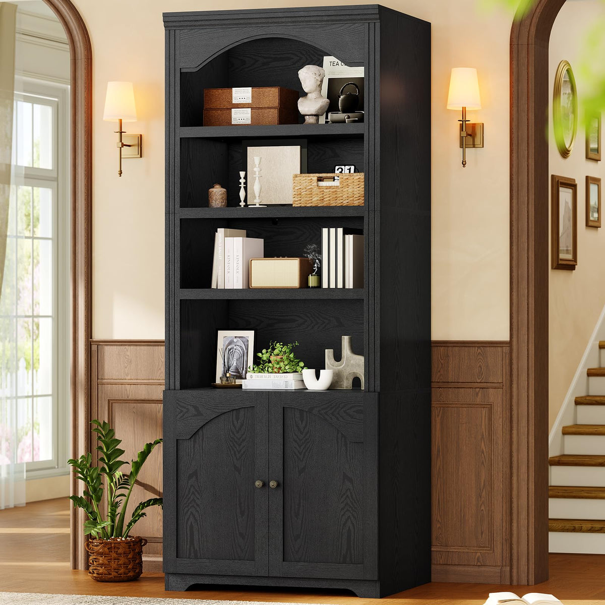 81"x31.4" Arched Bookcase with Adjustable Shelves & Doors R6107