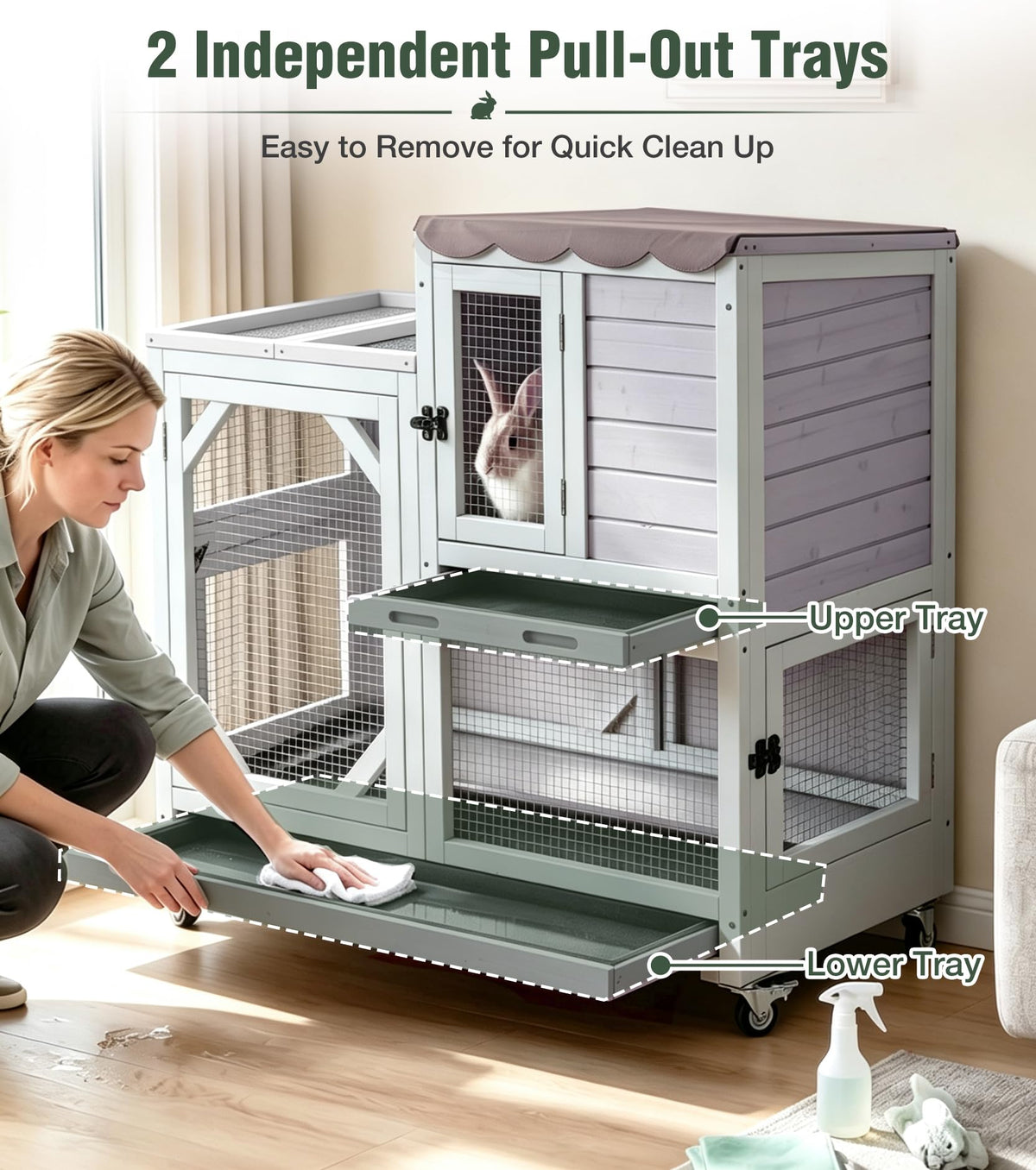 Wooden Rabbit Cage on Wheels with Ramp W4910