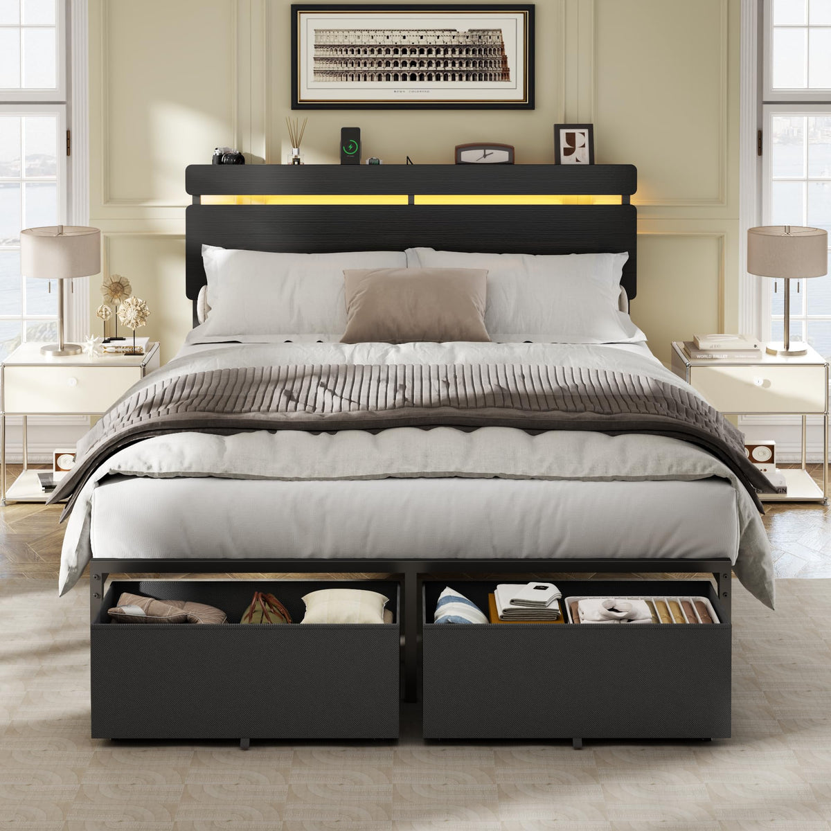 Full Size Bed Frame with Wood Headboard and Storage Drawers G85258