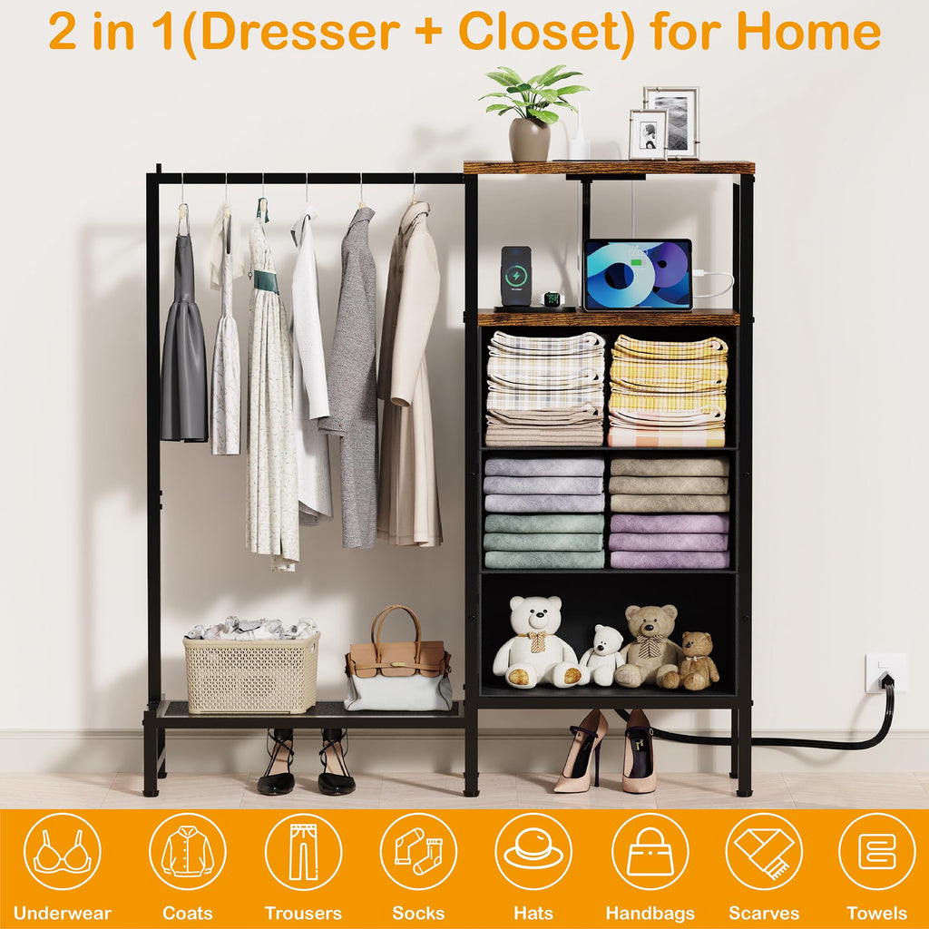 Brown 3 Drawer Fabric Dresser with Hanging Rack A7579