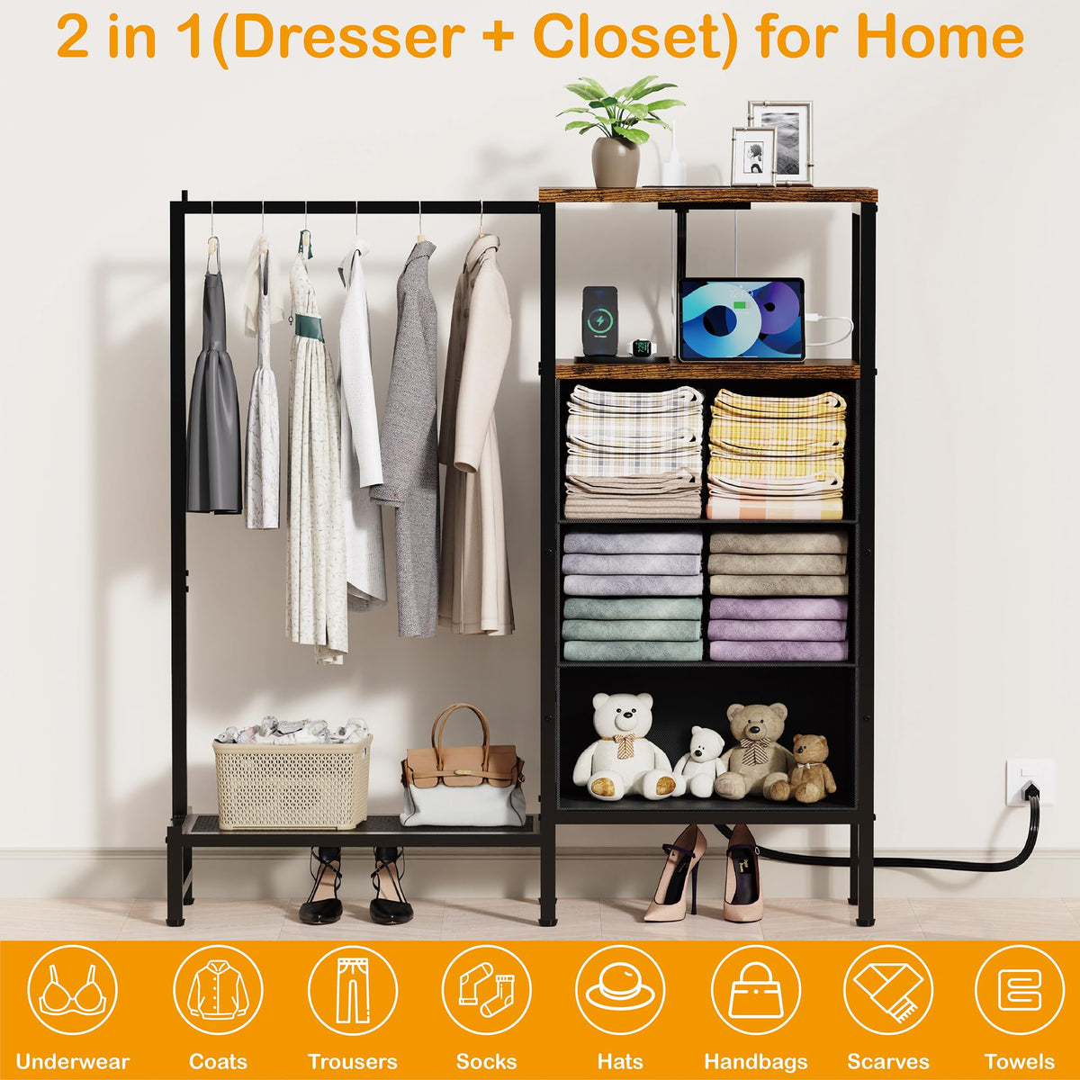 Brown 3 Drawer Fabric Dresser with Hanging Rack A7579