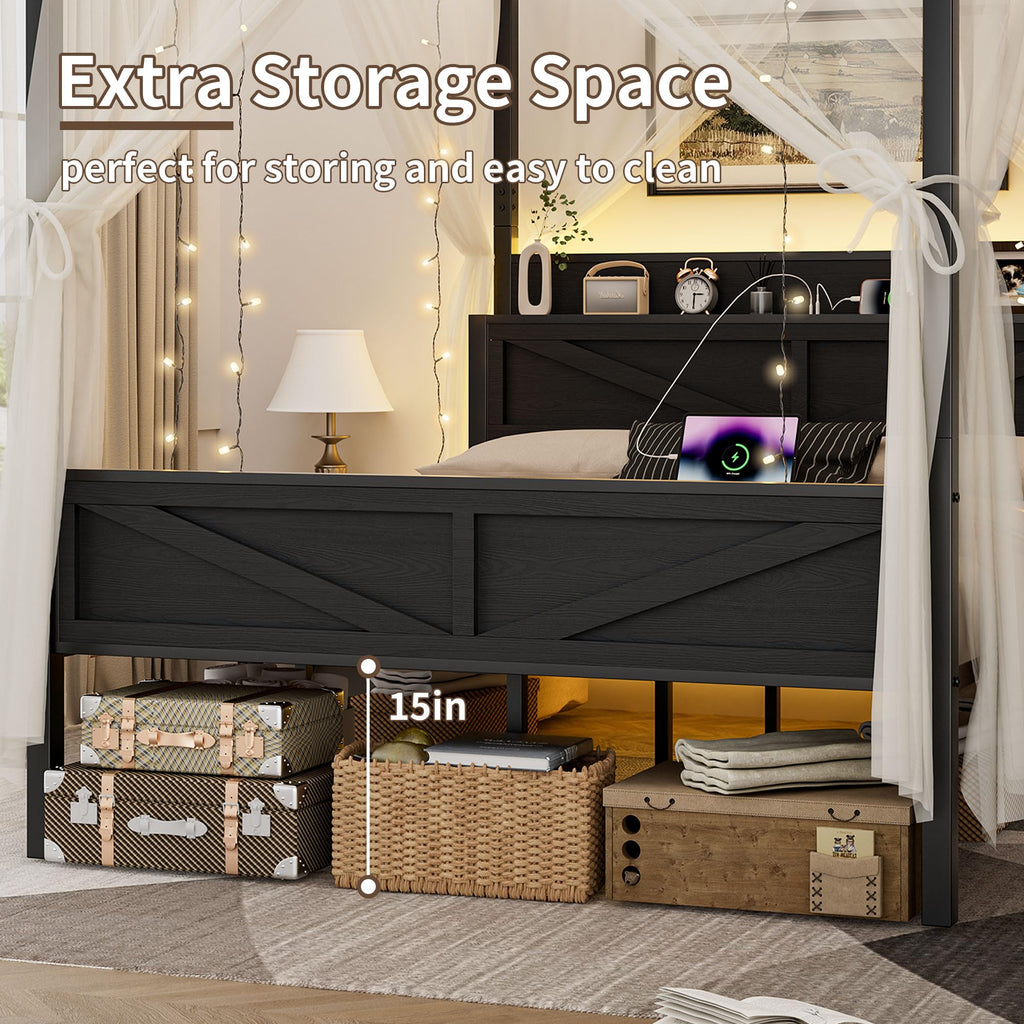 Queen Size Metal Canopy Bed Frame with Storage Headboard O682351