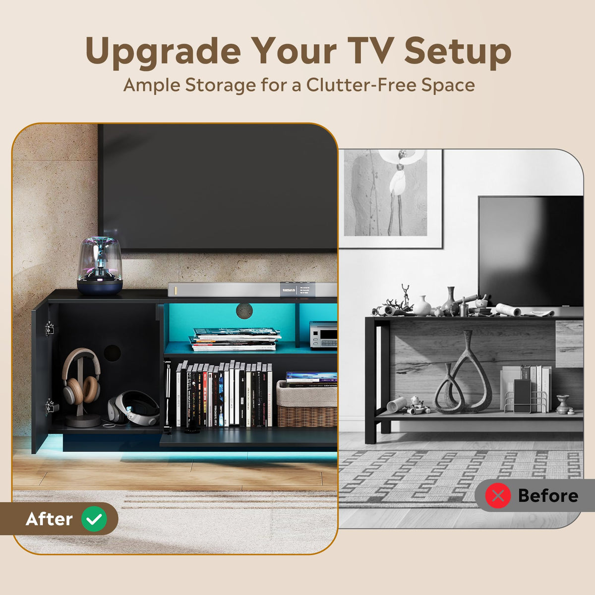 Black TV Stand with Storage Cabinets and Drawer O301