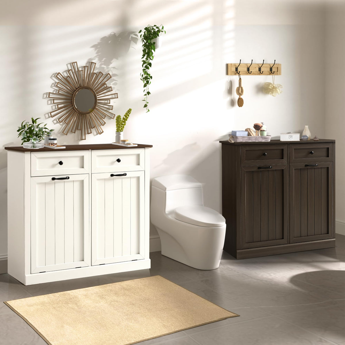 White 22 Gallon Wooden Laundry Hamper Cabinet with 2 Drawers T505001