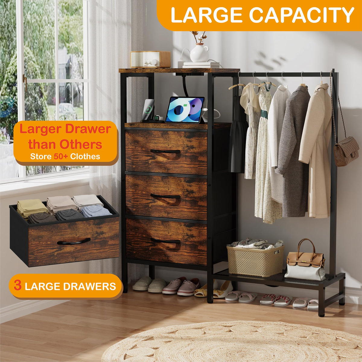 Brown 3 Drawer Fabric Dresser with Hanging Rack A7579