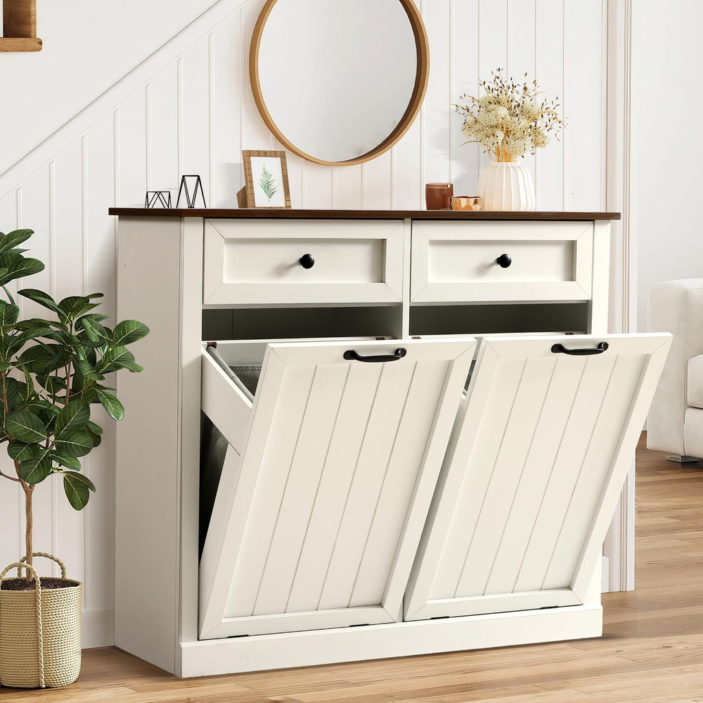 White 22 Gallon Wooden Laundry Hamper Cabinet with 2 Drawers T505001