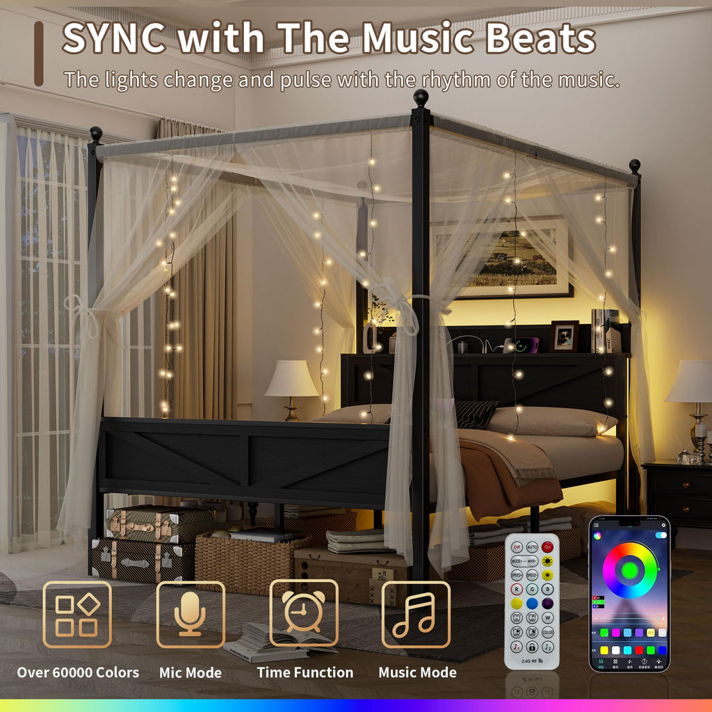 Queen Size Metal Canopy Bed Frame with Storage Headboard O682351