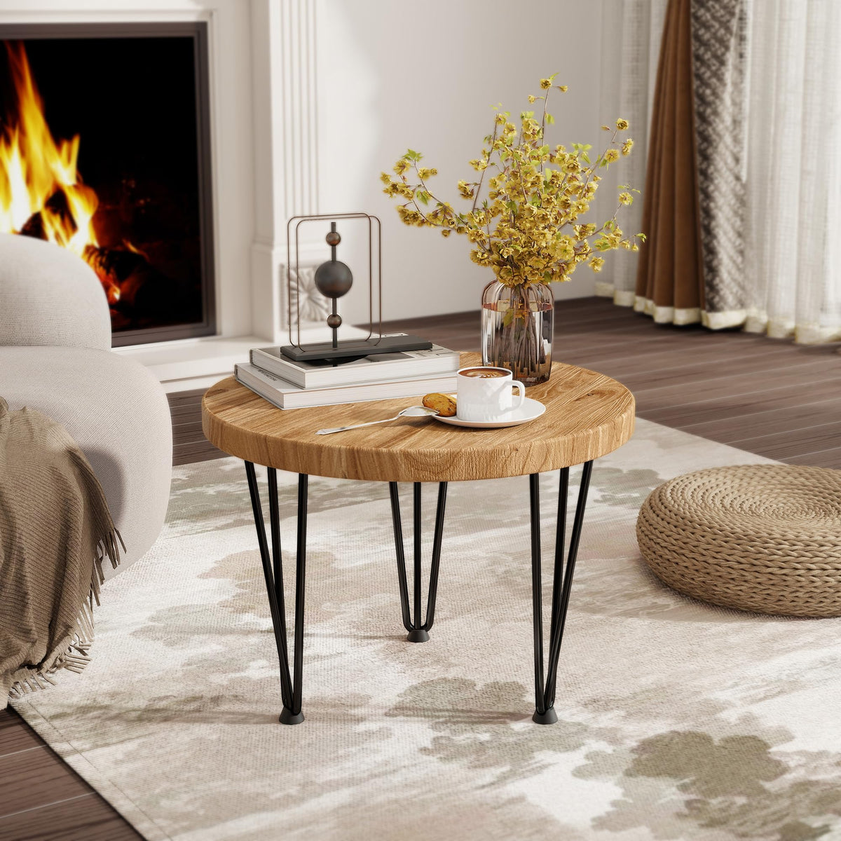 Round Elm Wood Nesting Coffee Table with Metal Legs B562404