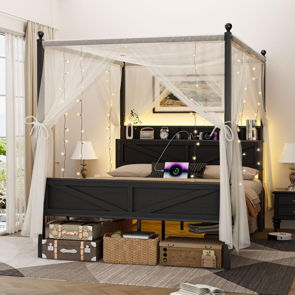Queen Size Metal Canopy Bed Frame with Storage Headboard O682351