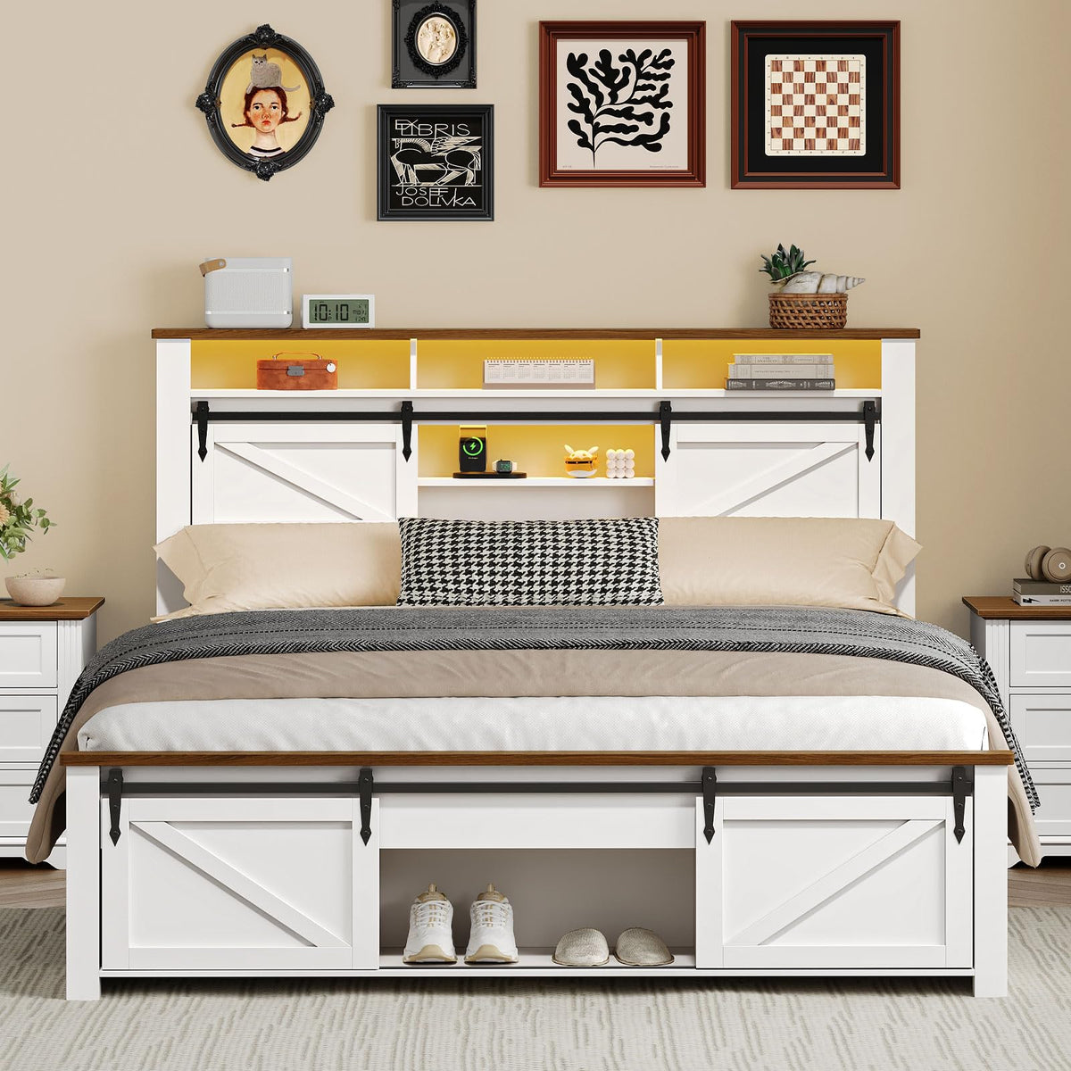 White and Walnut Full Size Storage Bed Frame D119