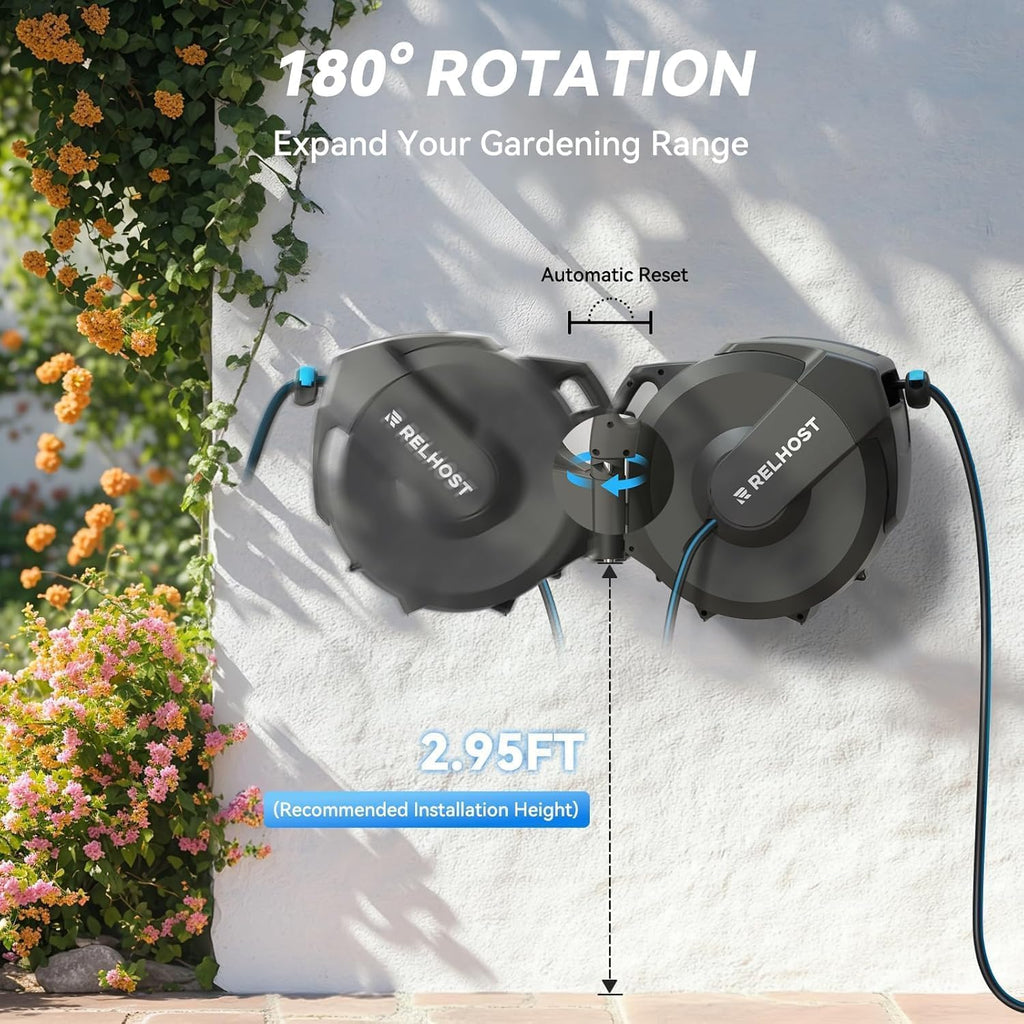 Retractable Garden Hose Reel, 5/8 in x 100 ft Wall Mount Heavy Duty with 10-Pattern Nozzle, Dark Grey U242