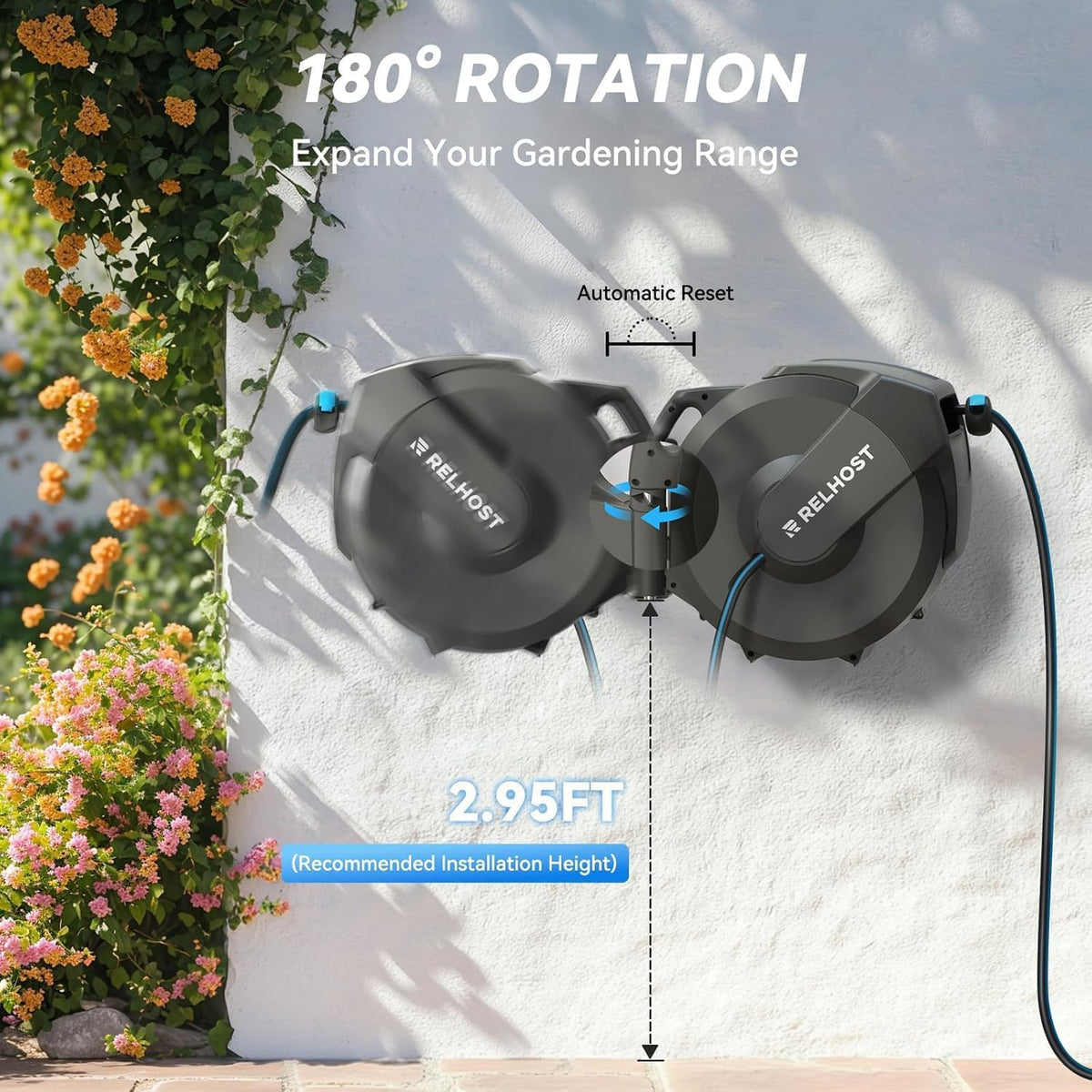 Retractable Garden Hose Reel, 5/8 in x 100 ft Wall Mount Heavy Duty with 10-Pattern Nozzle, Dark Grey U242