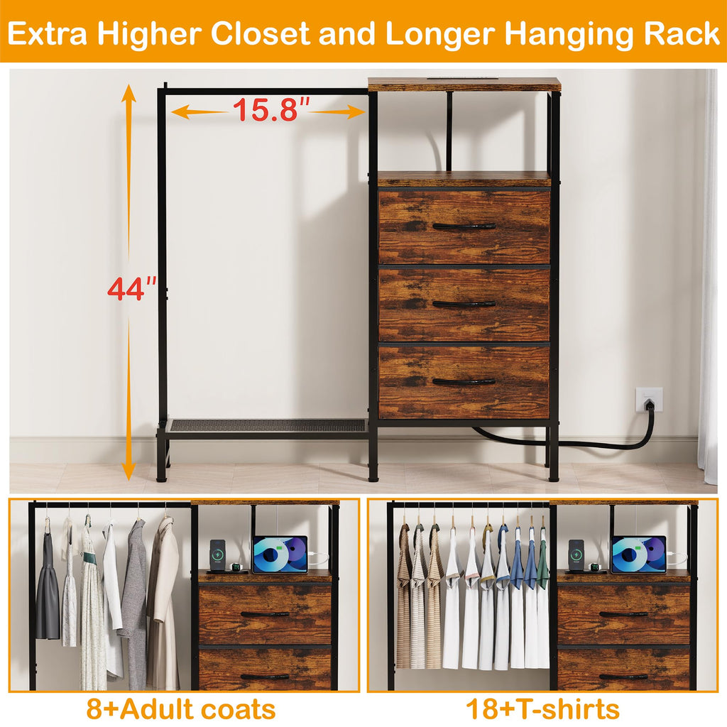 Brown 3 Drawer Fabric Dresser with Hanging Rack A7579