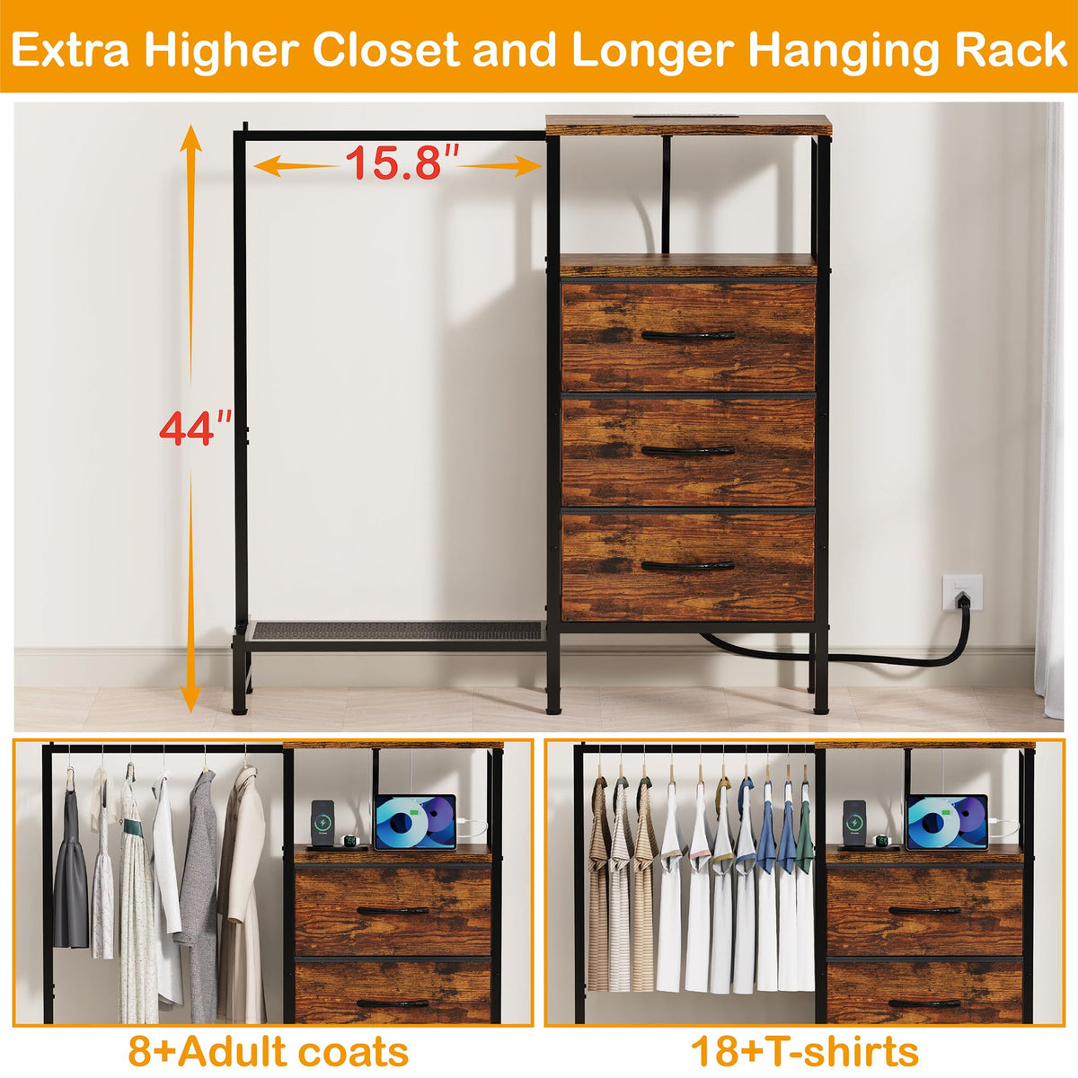 Brown 3 Drawer Fabric Dresser with Hanging Rack A7579