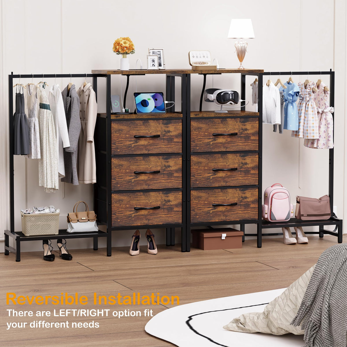 Brown 3 Drawer Fabric Dresser with Hanging Rack A7579
