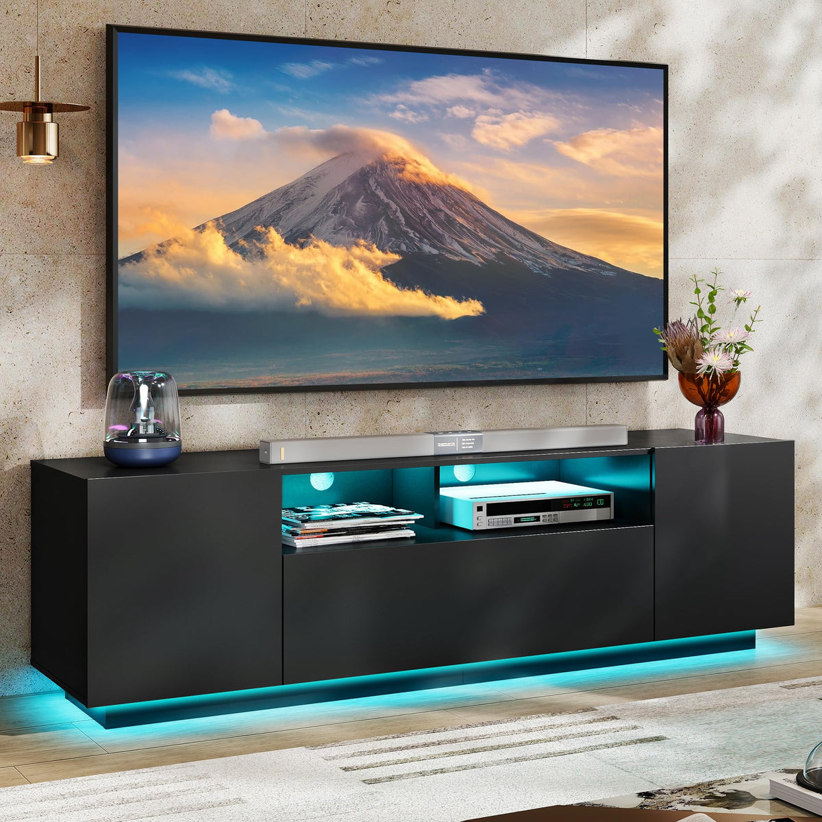 Black TV Stand with Storage Cabinets and Drawer O301