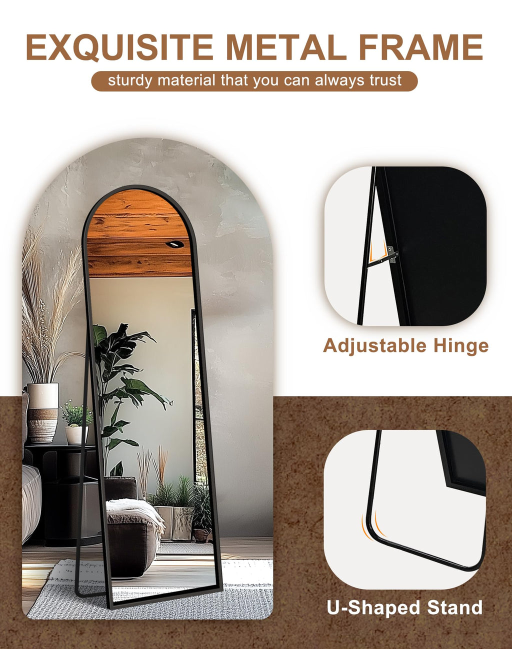 Arched Full Length Black Floor Mirror with Stand D6483