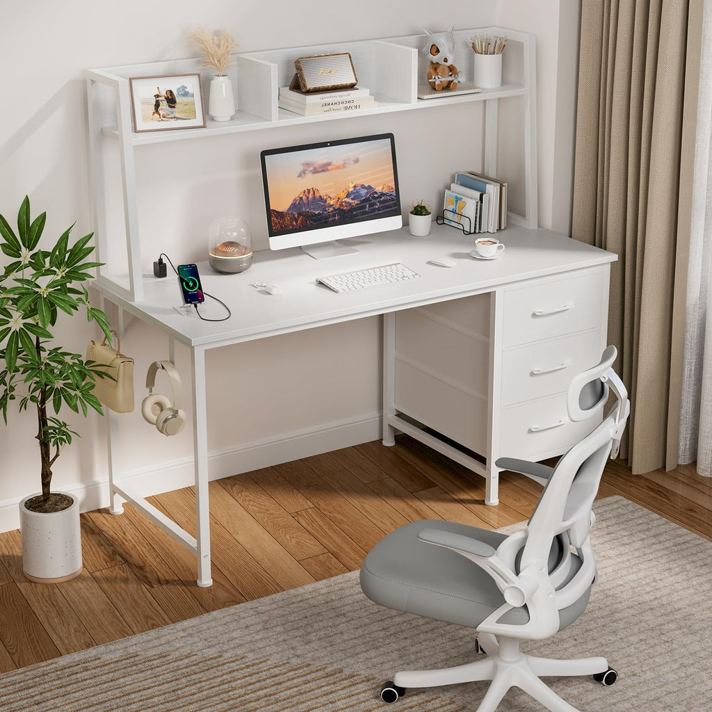 White Computer Desk with Hutch & Drawers 47 Inch N106