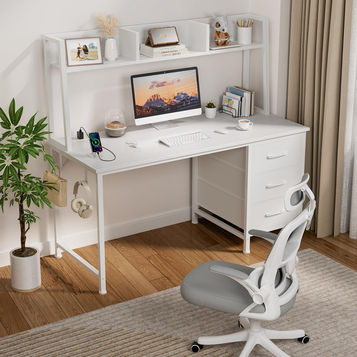 White Computer Desk with Hutch & Drawers 47 Inch N106