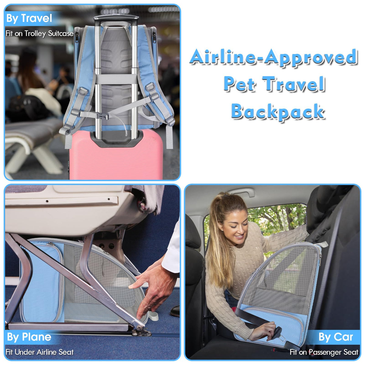 Blue Collapsible Cat Backpack Carrier with Mesh A236780