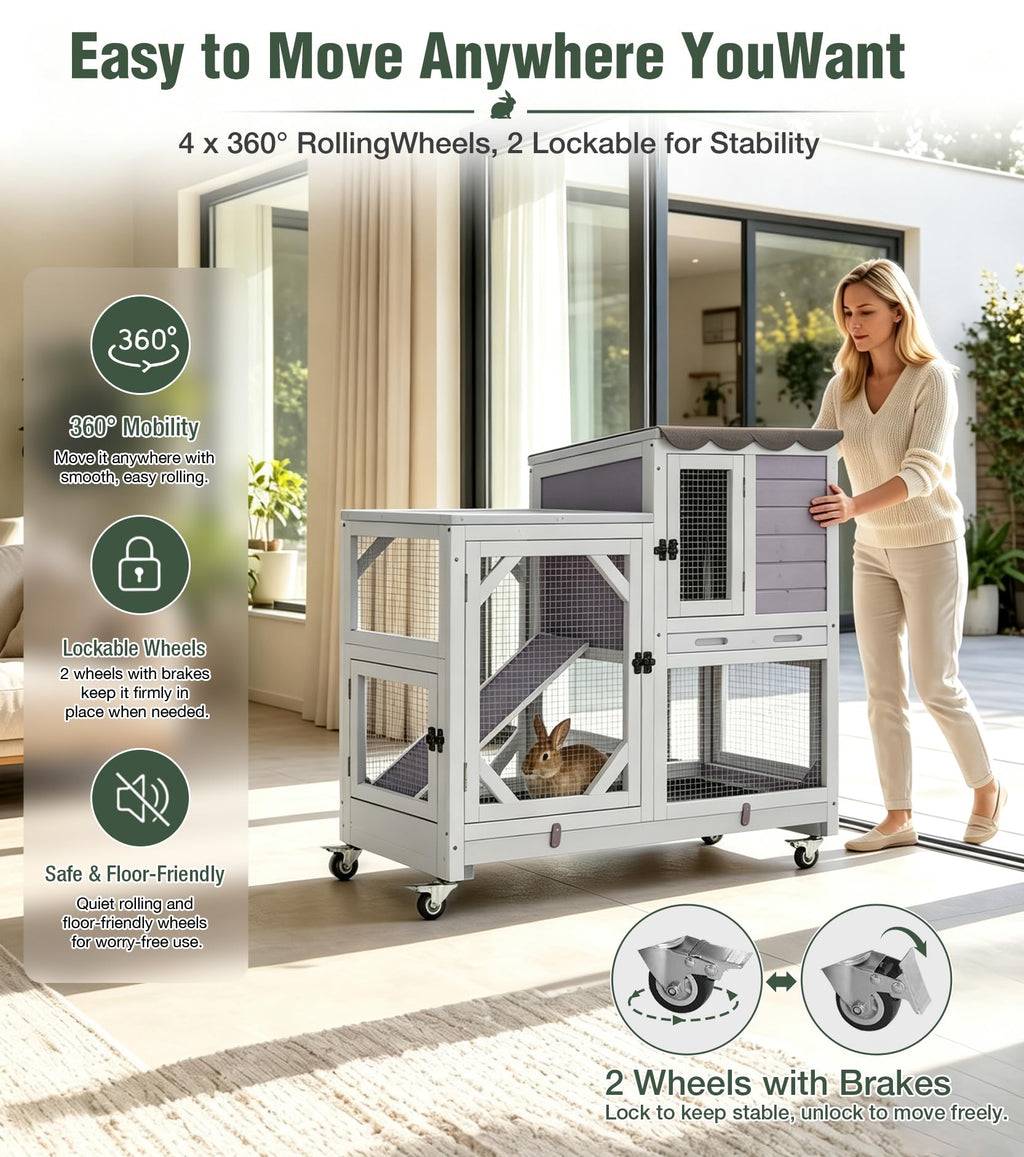 Wooden Rabbit Cage on Wheels with Ramp W4910