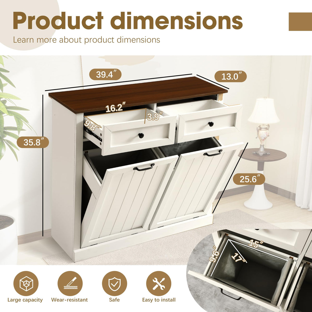 White 22 Gallon Wooden Laundry Hamper Cabinet with 2 Drawers T505001