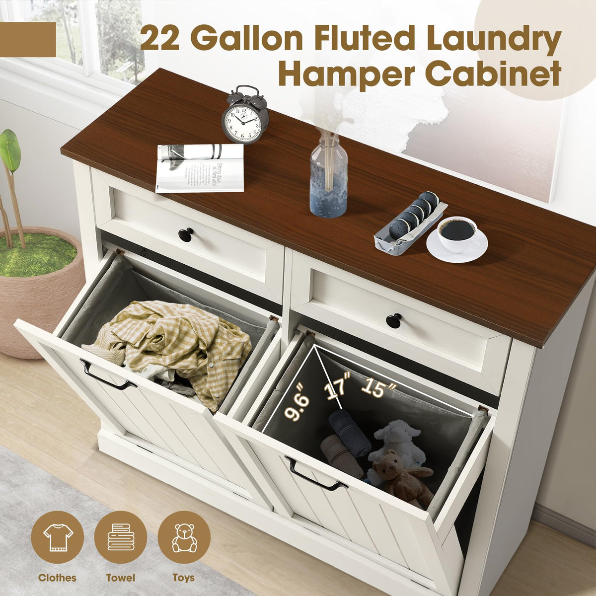 White 22 Gallon Wooden Laundry Hamper Cabinet with 2 Drawers T505001