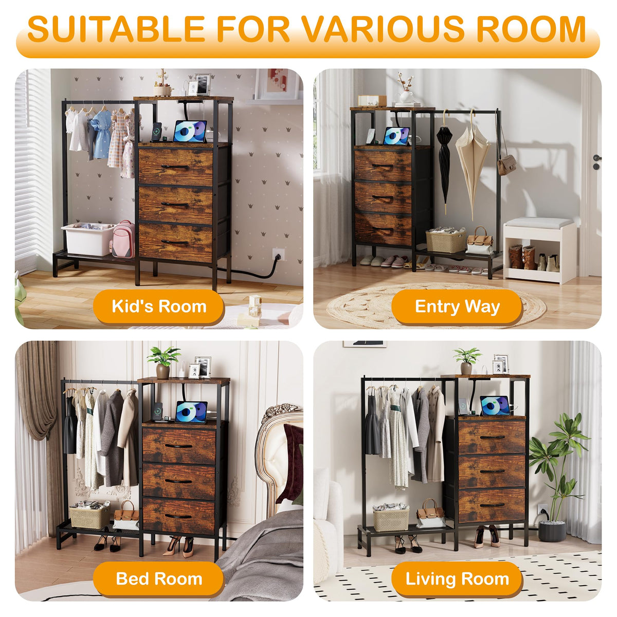 Brown 3 Drawer Fabric Dresser with Hanging Rack A7579
