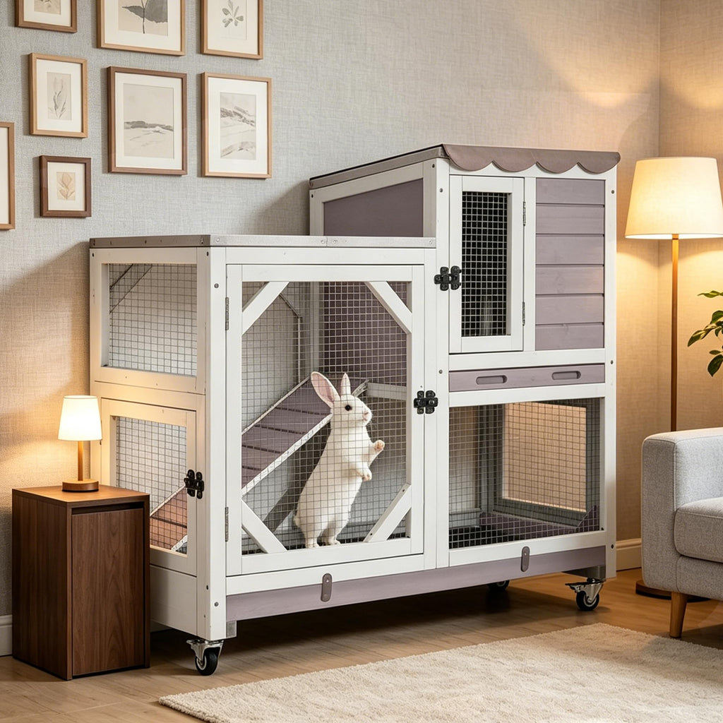 Wooden Rabbit Cage on Wheels with Ramp W4910