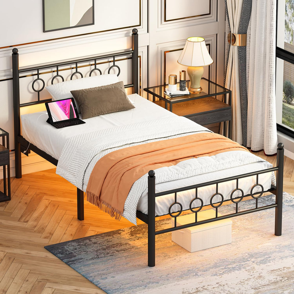 Black Twin Metal Platform Bed Frame with Headboard H57624
