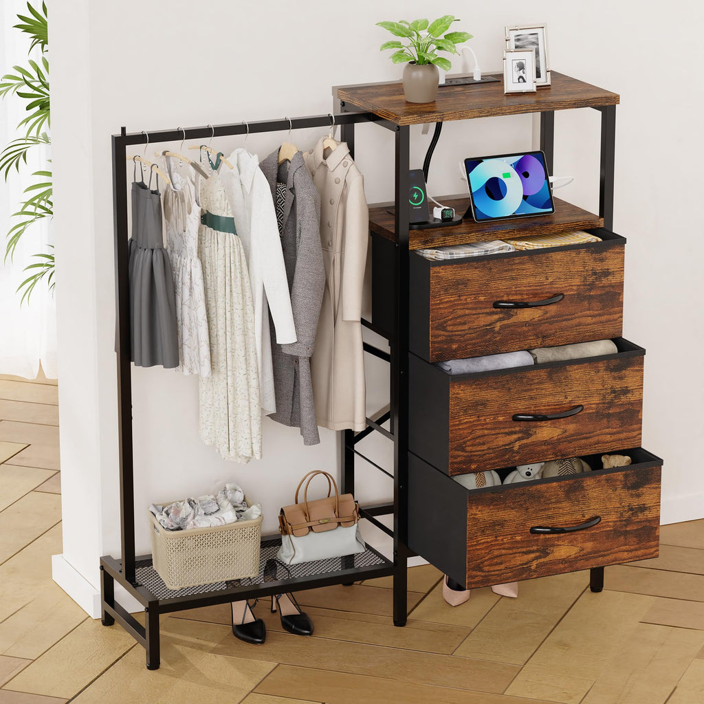 Brown 3 Drawer Fabric Dresser with Hanging Rack A7579