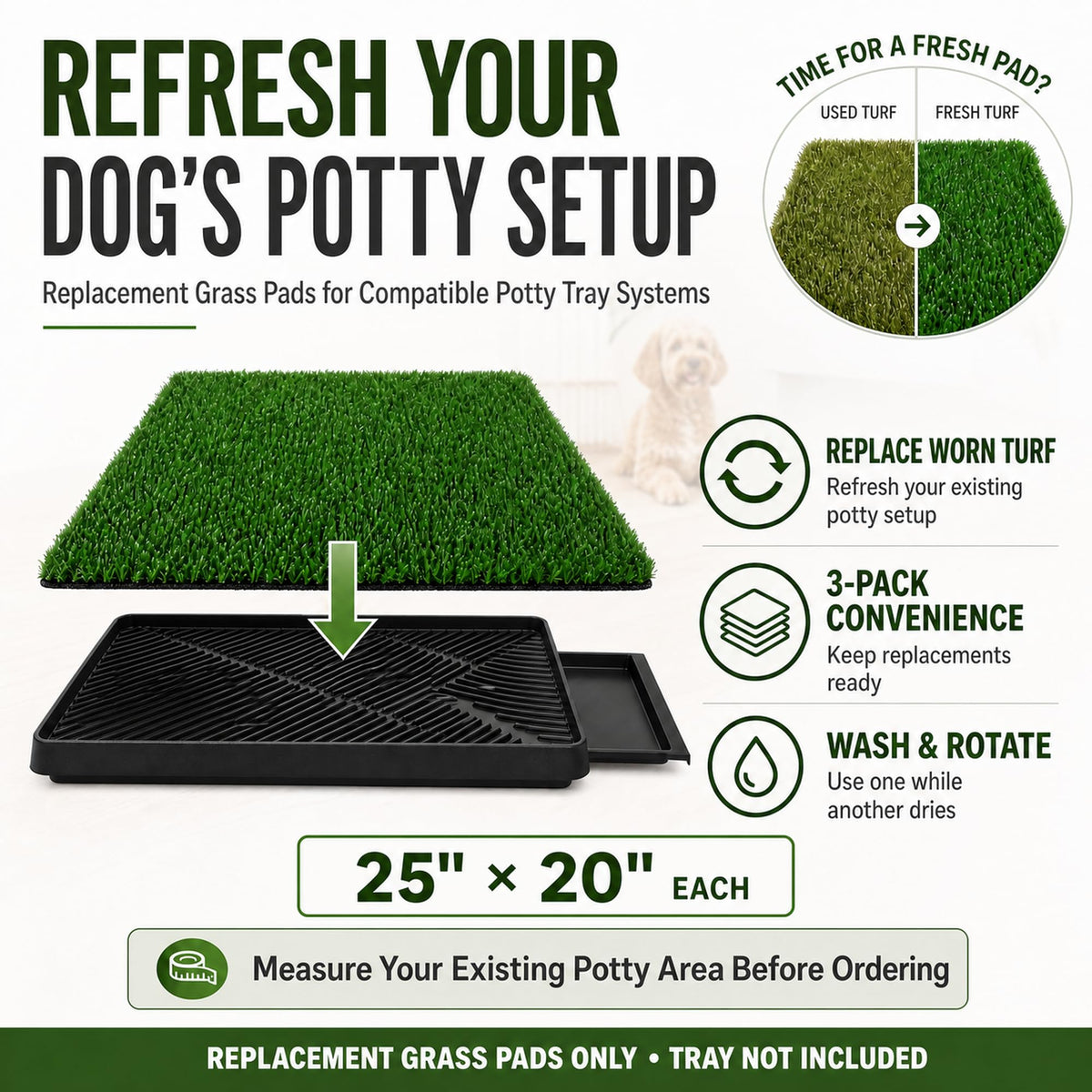 Dog Potty Grass Pads, 3 Pack, 25 x 20 in Replacement Turf A356