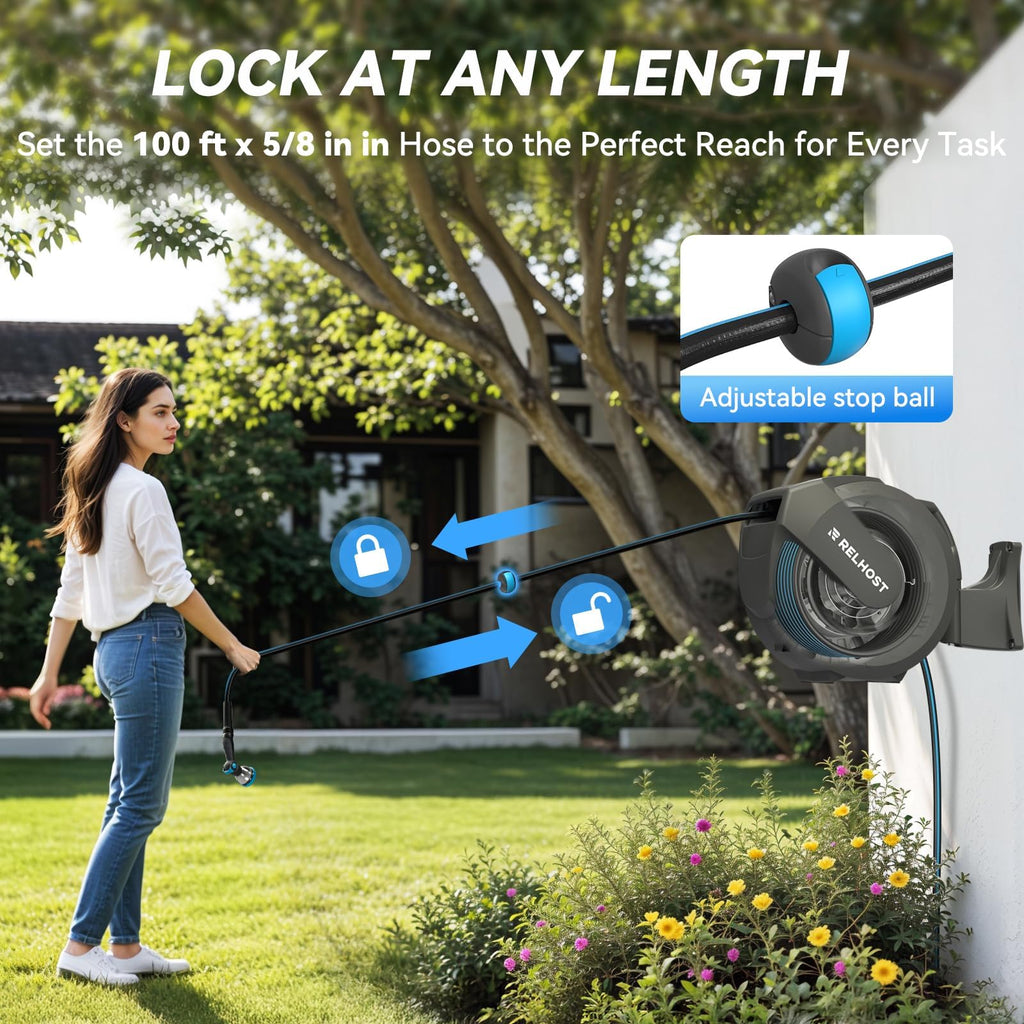 Retractable Garden Hose Reel, 5/8 in x 100 ft Wall Mount Heavy Duty with 10-Pattern Nozzle, Dark Grey U242