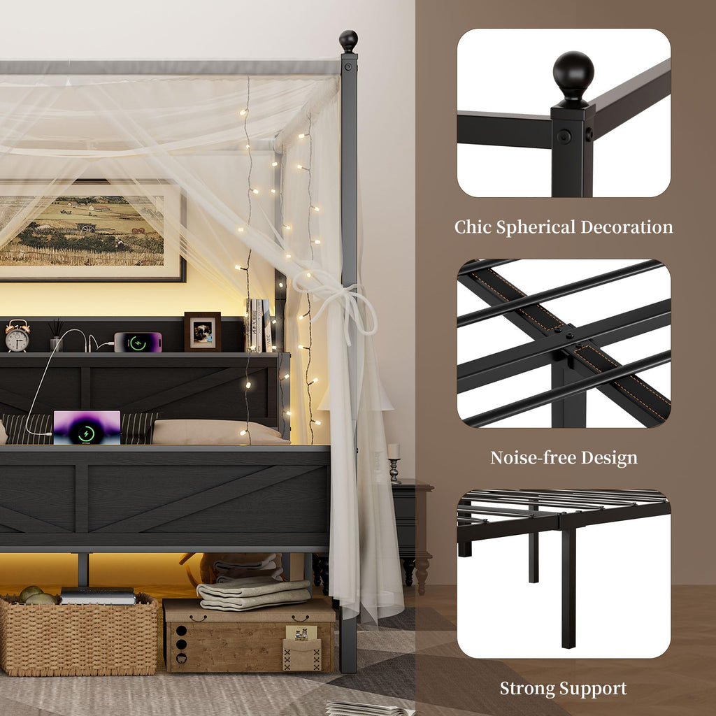 Queen Size Metal Canopy Bed Frame with Storage Headboard O682351