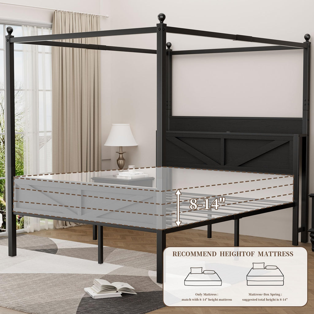 Queen Size Metal Canopy Bed Frame with Storage Headboard O682351