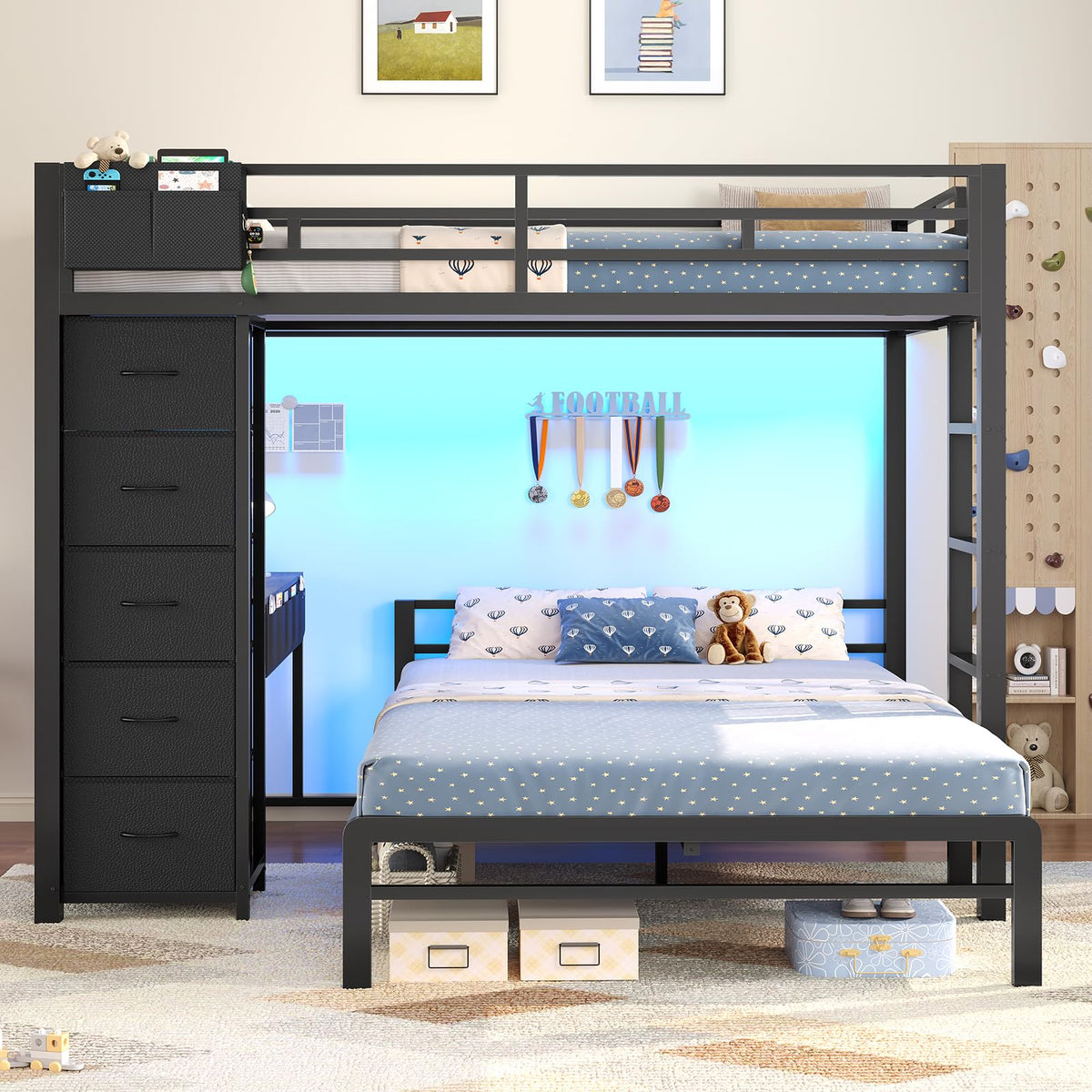 Full Size Bunk Bed with Desk, 5 Drawers, Black M39482