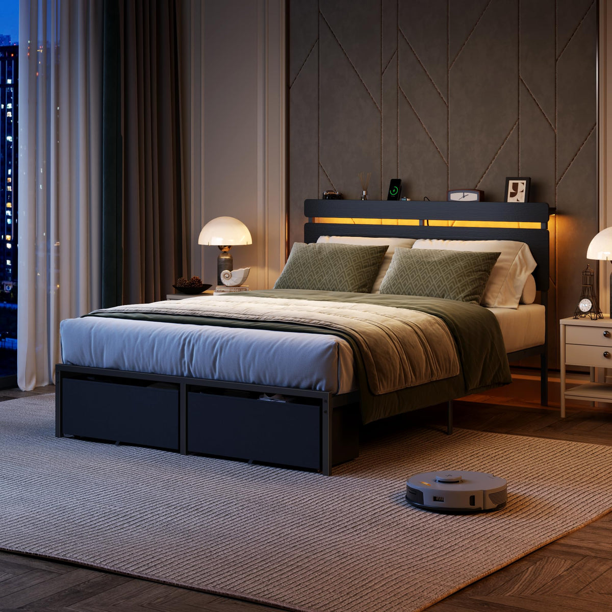 Full Size Bed Frame with Wood Headboard and Storage Drawers G85258