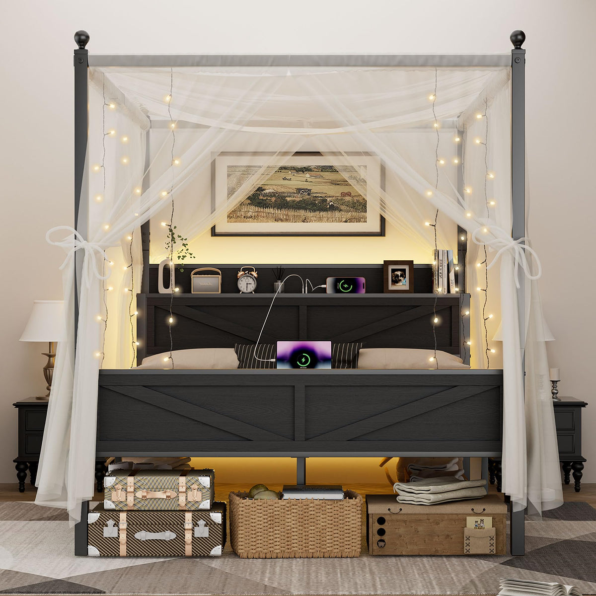 Queen Size Metal Canopy Bed Frame with Storage Headboard O682351
