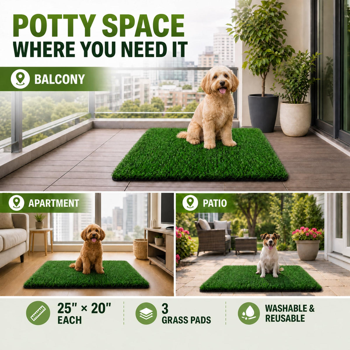 Dog Potty Grass Pads, 3 Pack, 25 x 20 in Replacement Turf A356