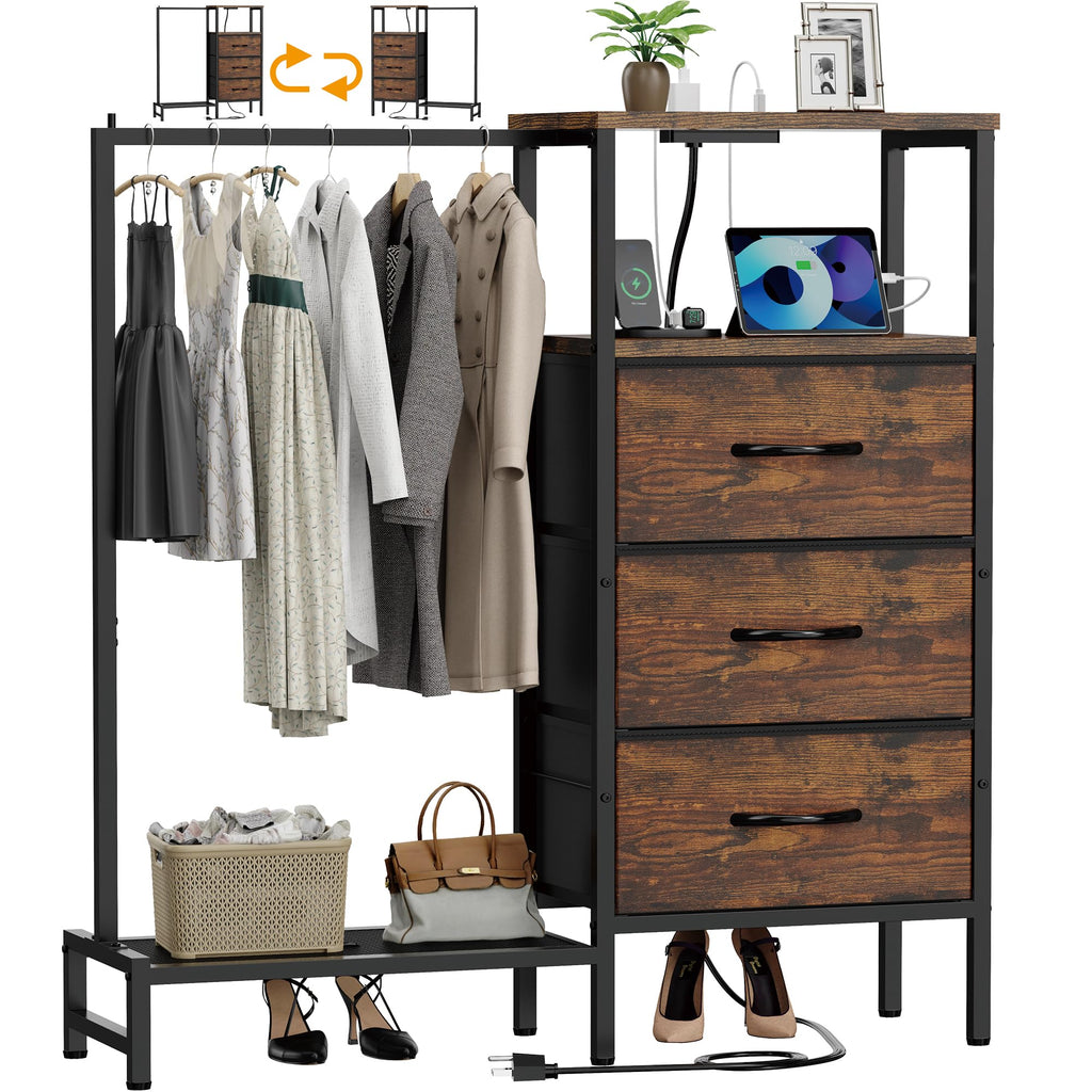 Brown 3 Drawer Fabric Dresser with Hanging Rack A7579